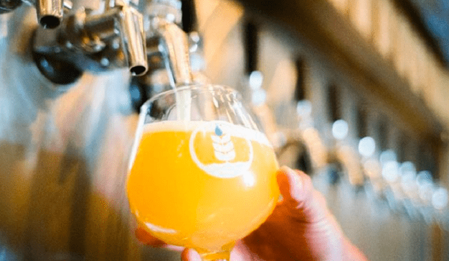 Close-up of a fresh craft beer pouring from a draft tap at Pure Project Brewery