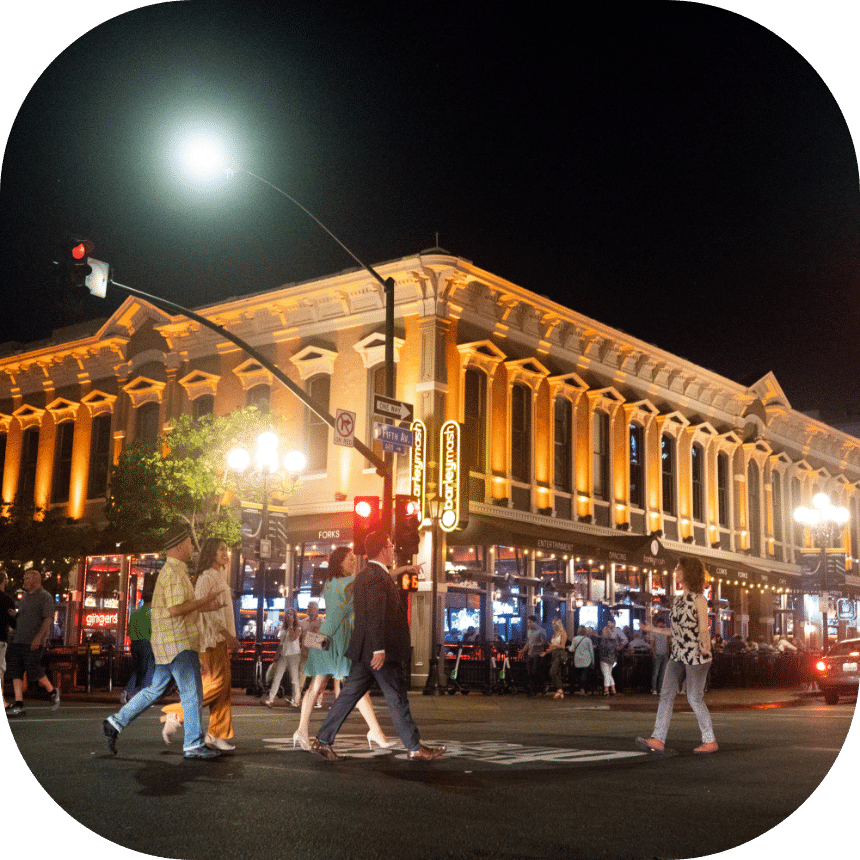 Tour group walking across the street in the Gaslamp Quarter