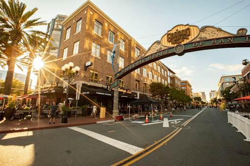 Sunny street of Gaslamp Quarter in San Diego