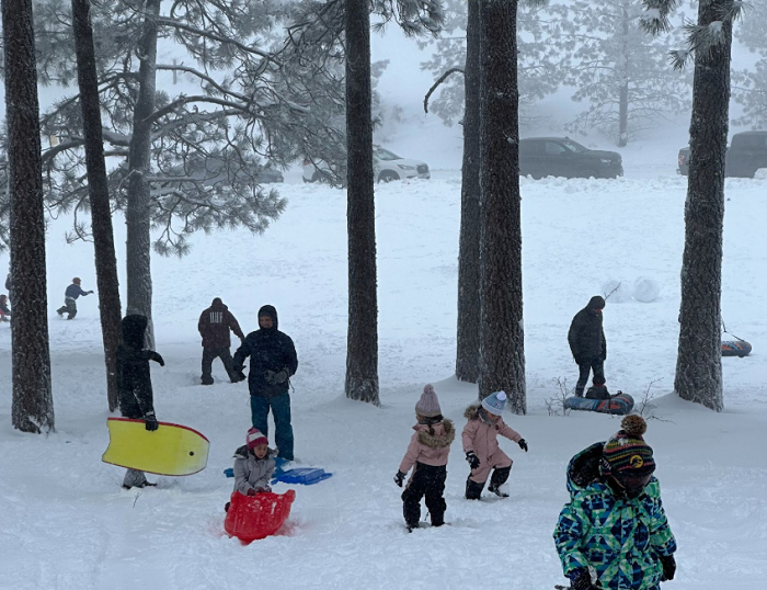 group of people playing in snow with sleds