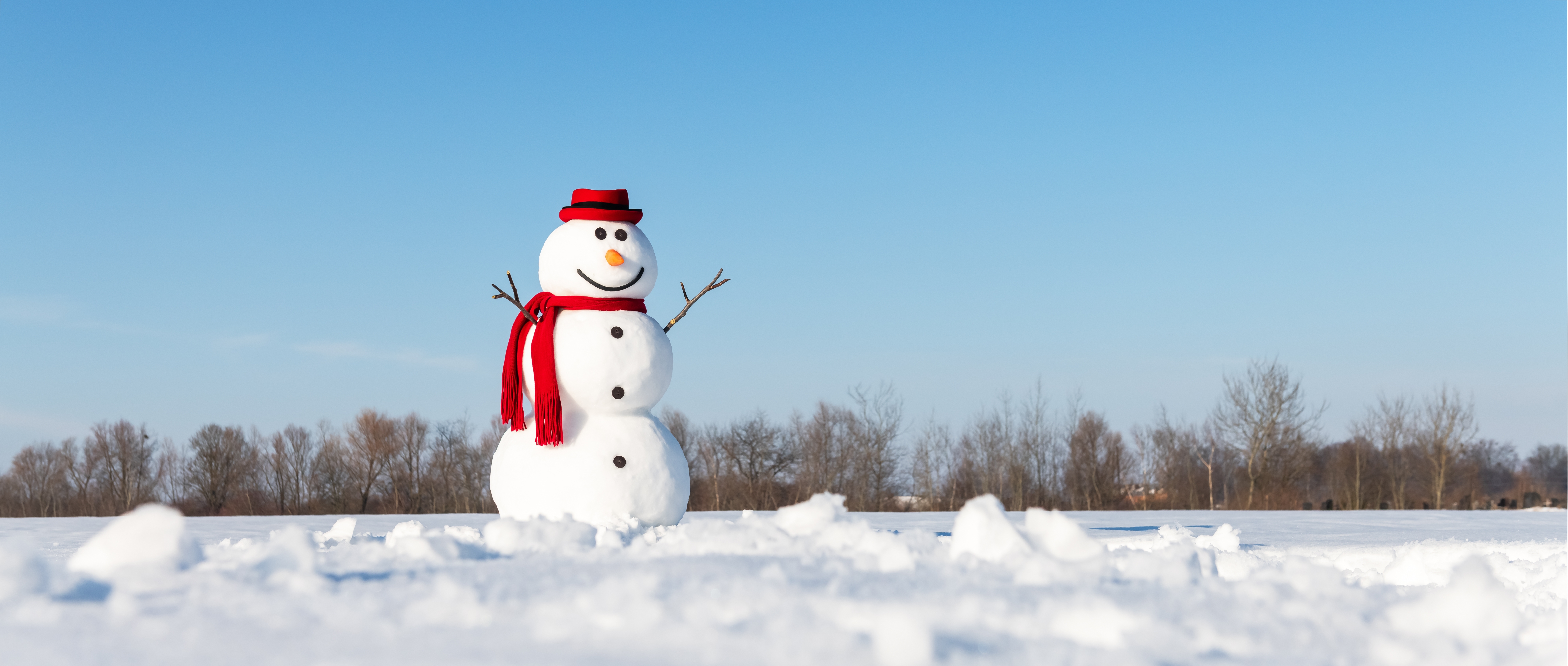 smiling snowman wearing a red hat and scarf in a sunny, snowy field under a clear blue sky