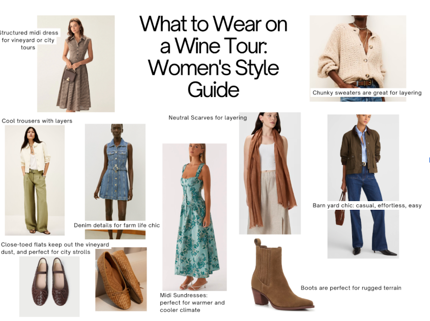 women's style guide picturing neutral toned clothing for what to wear on a wine tour