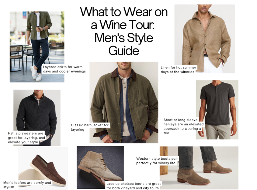 men's style guide picturing earth toned clothing for what to wear on a wine tour