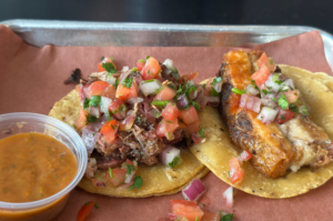 A serving of famous carne asada fries and tacos in san diego