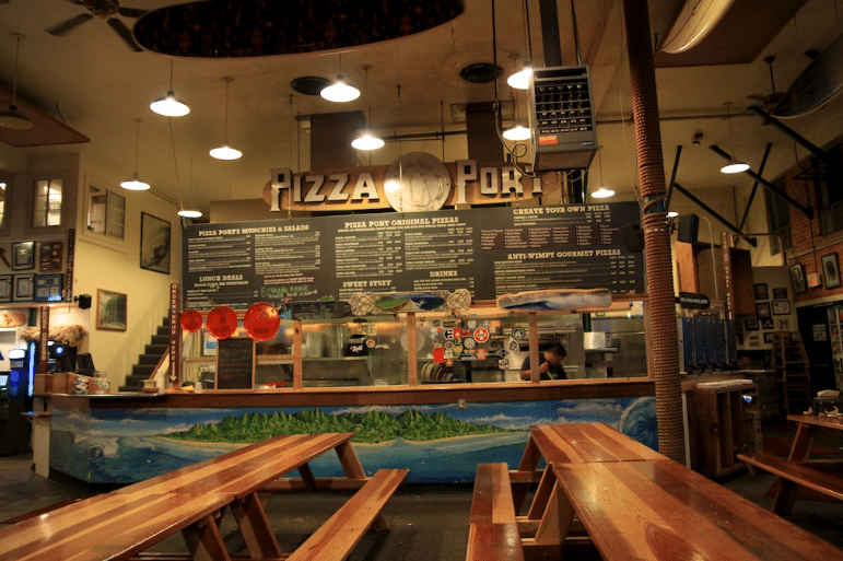 pizza and beer counter of a family-friendly brewery in san diego
